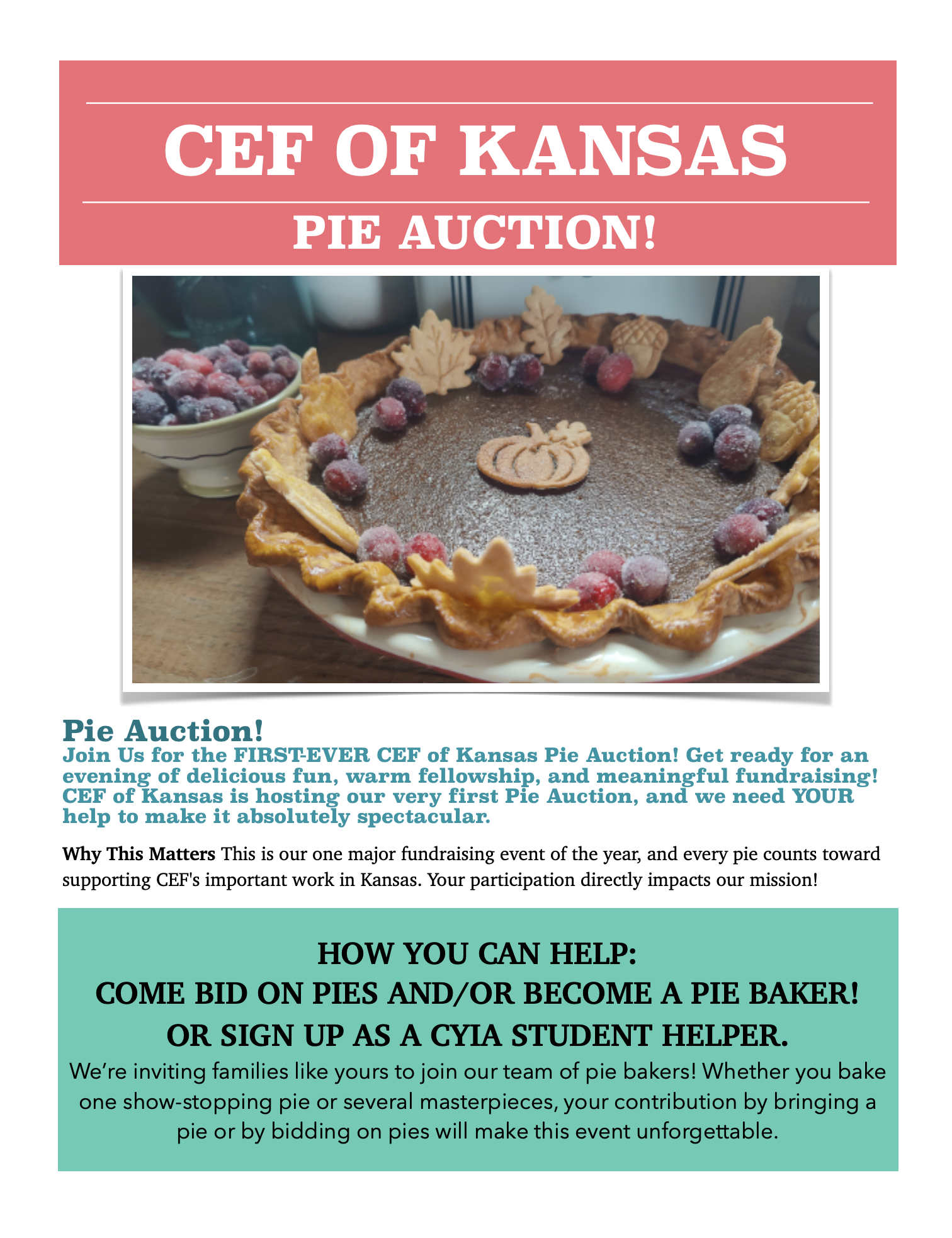 CEF of Kansas Pie Auction Sponsored by Child Evangelism Fellowship click here
