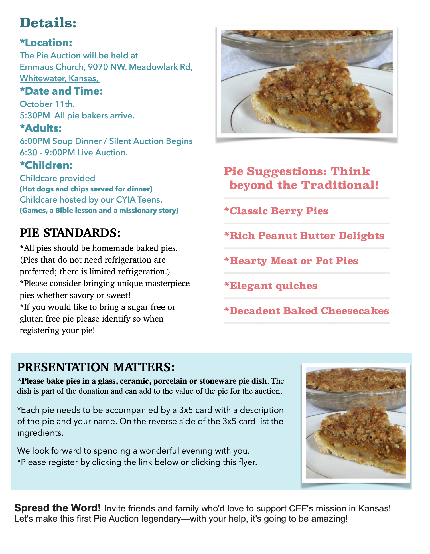 CEF of Kansas Pie Auction Sponsored by Child Evangelism Fellowship click here