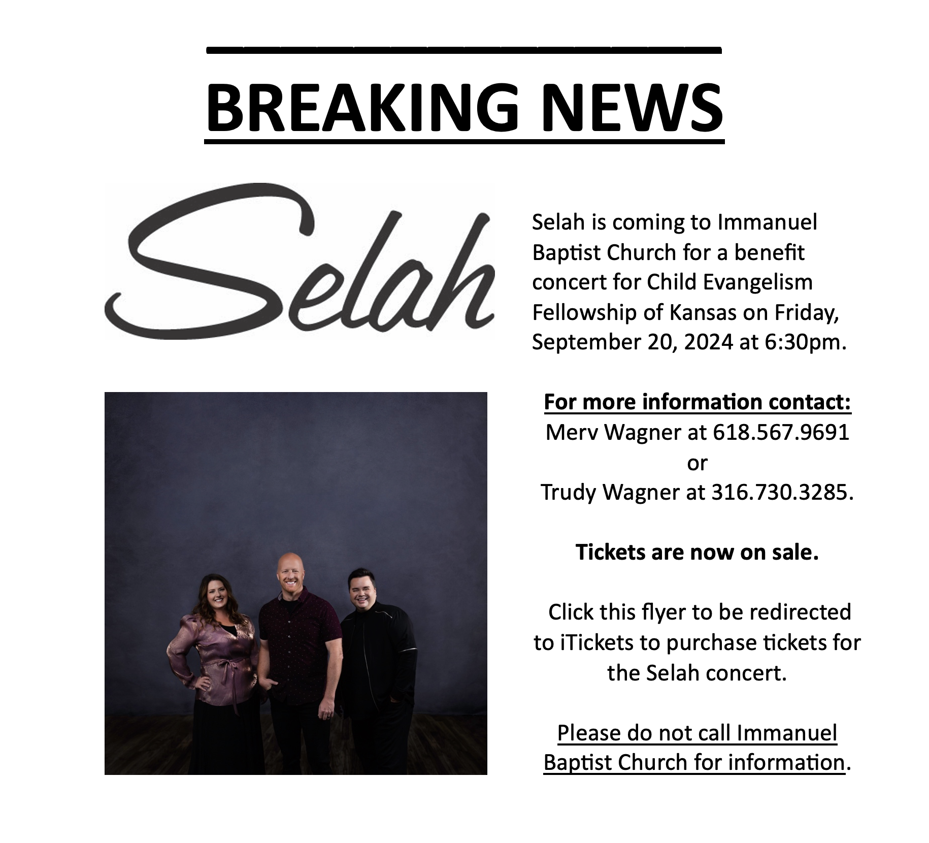 Selah Concert Sponsored by Child Evangelism Fellowship click heret